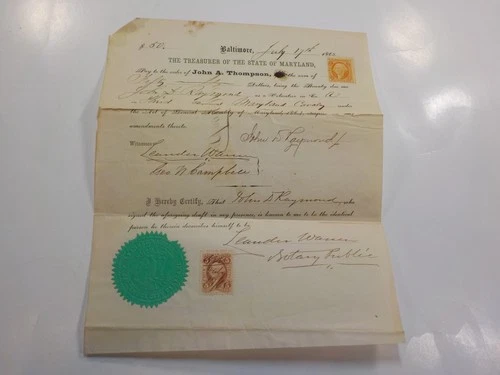 Civil War Document 1865 3rd Maryland Cavalry Bounty Revenue Stamps Signature