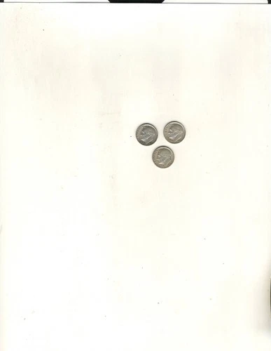 3 Roosevelt Dimes , 1949 -D , 1957, 1964 ,Circulated, Good condition, 90% Silver