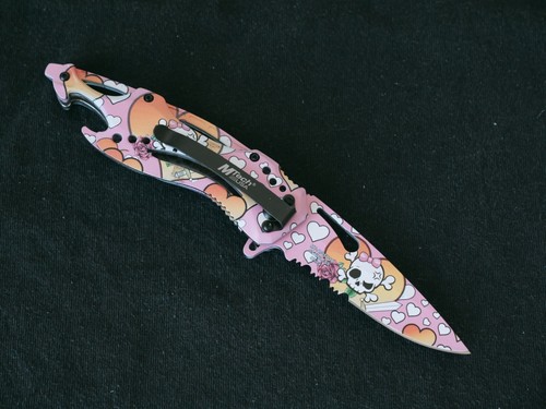 Pink Manga Pocket Knife Kuwaii Skull Heart Spring Assist Bottle Opener Cute - Picture 4 of 7
