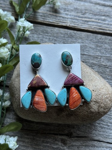 Navajo 925 Sterling Silver Multi Stone Cluster Earrings Marcella James - Picture 2 of 12