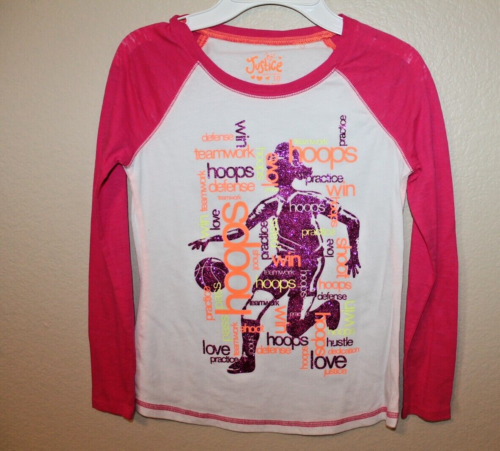 Justice Girl's Size 10 Basketball Hoops Long-Sleeve Tee Shirt Top with Glitter - Picture 1 of 2