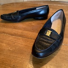 Ferragamo Black Flats Gold Logo Lizard Vamp Strap 8 AA