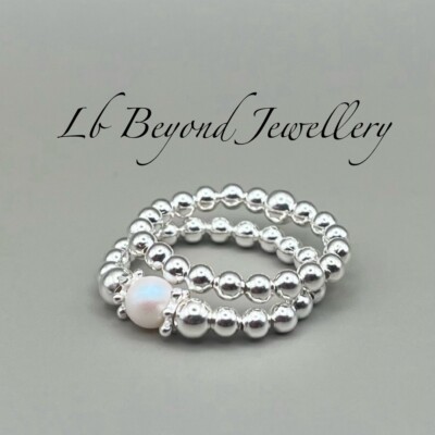 STERLING SILVER BEADED STRETCH STACKING RINGS WITH PEARL,HANDMADE SET ...
