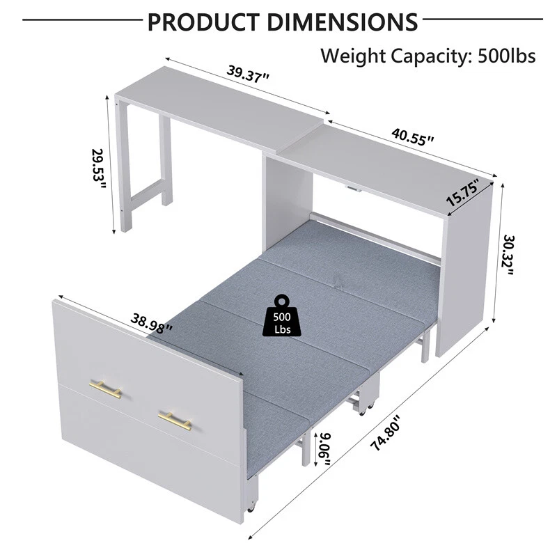 Mueble cama Murphy tamaño doble con escritorio de posición ajustable y cojín plegable, gris Foto 2 de 4