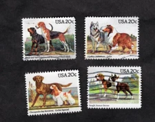 #2098-2101 American Dogs Stamps, Used Se-Tenent Set of 4, 20 cent, Off Paper