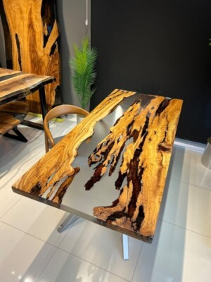Custom Clear Olive Wood Epoxy Dining Table | Clear River Table | 72''x 36'' Table