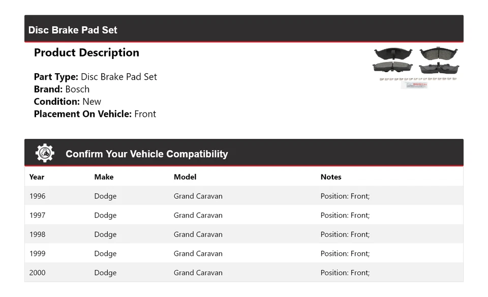 Pastillas de freno de cerámica azul con delantera HD para Dodge Grand Caravan Bosch 1996-2000 Foto 2 de 4