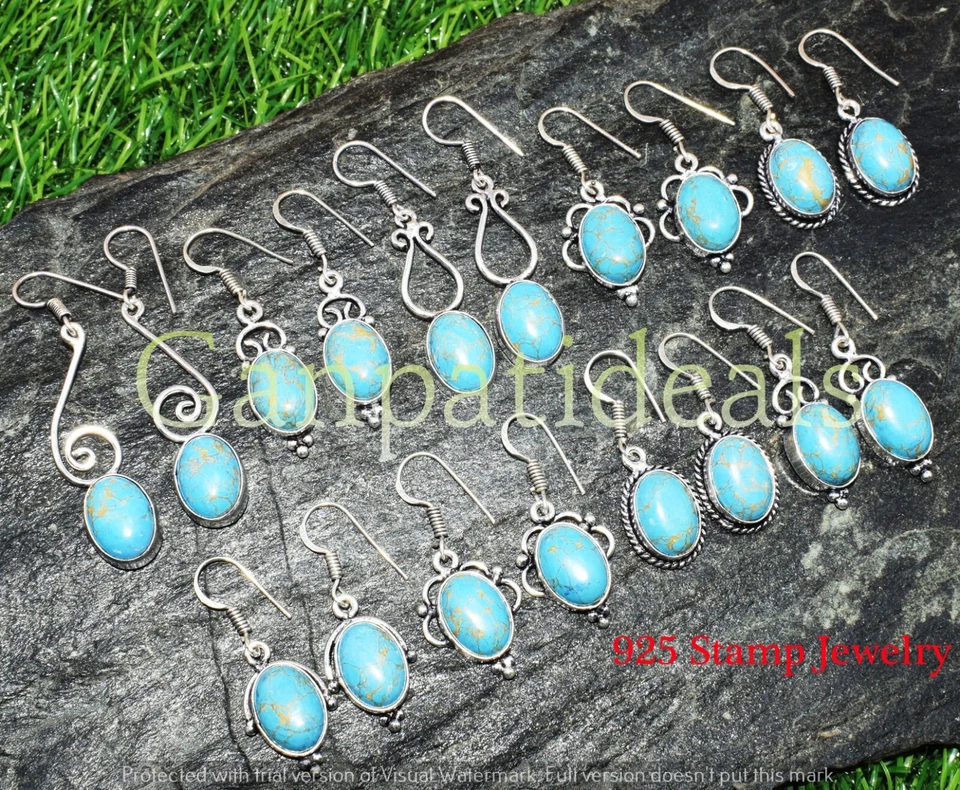 Lote de 10 pendientes de piedras preciosas turquesa cobre joyería enchapada en plata de ley 925 Foto 4 de 4