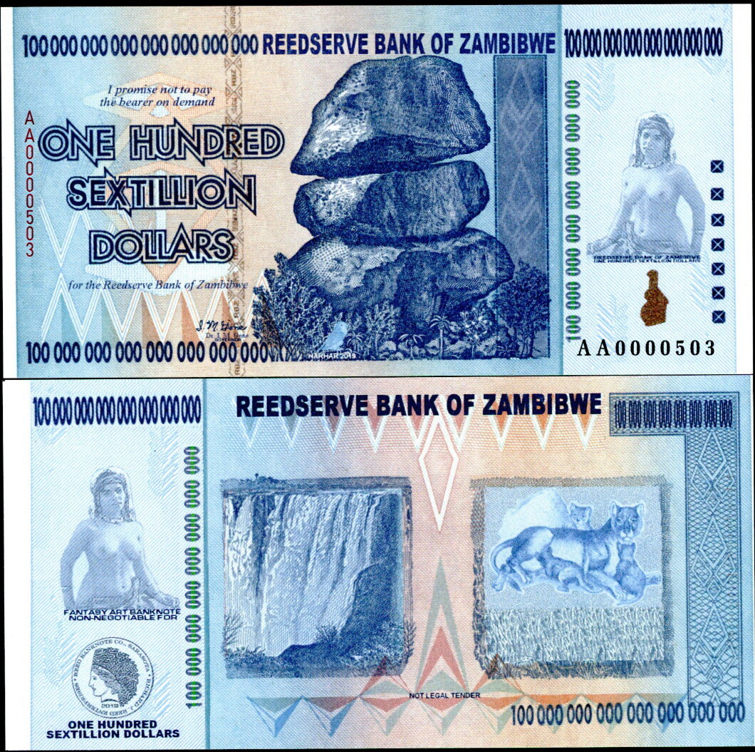ZAMBIBWE $100 SEXTILLION DOLLARS FANTASY ART NOTE ROCKS, NUDE LADY
