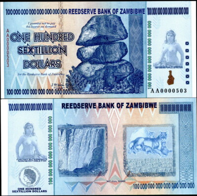 ZAMBIBWE $100 SEXTILLION DOLLARS FANTASY ART NOTE ROCKS, NUDE LADY