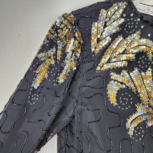 Vintage Laurence Kazar Long Sleeve Sequin Silk Black Gold Top Blouse Size L - Picture 8 of 11