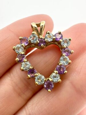 Anhänger Sterlingsilber 14 Karat Gold Vermeil echter Blautopas Amethyst offenes Herz