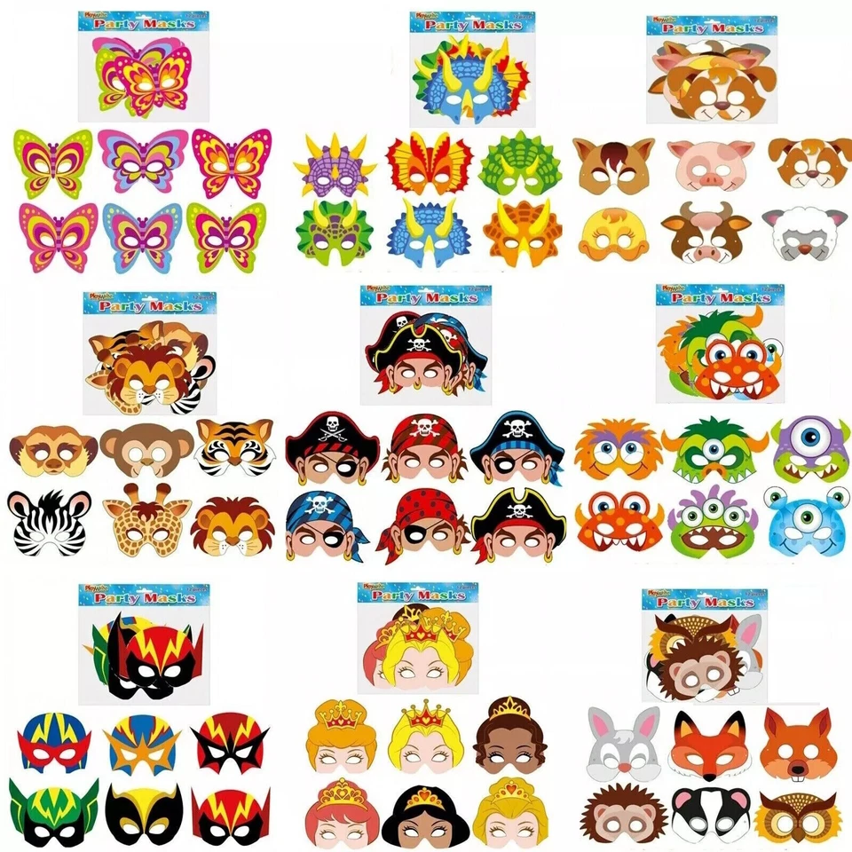 12 Máscaras de Papel de Cartón - Rellenos de Bolsa de Botín/Fiesta Disfraz Niños Vestido Elegante Regalo Foto 3 de 3
