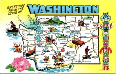 1950s Map of Famous Attractions Beautiful State of Washington Vintage Postcard