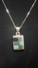 Vtg ATI 925 Sterling Silver Slide Pendant Necklace Turquoise & Onyx NWT 15”-17”