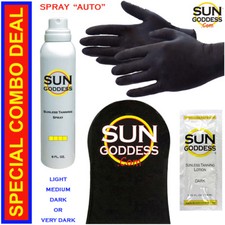 SUN GODDESS Sunless Self Tanning Spray Auto 6 oz  Mitt, Gloves  Best Tanner 