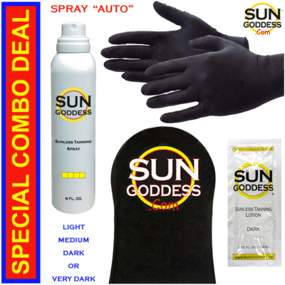 SUN GODDESS Sunless Self Tanning Spray (Auto) 6 oz + Mitt, Gloves & Best Tanner*