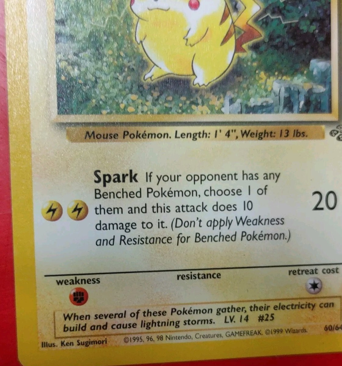 first edition pikachu card 60 64 Pokemon Pikachu 60/64 Jungle Edition Unlimited, 1999, Card, TCG –  CardboardandCoins.com main image 1