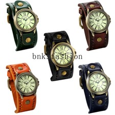 Unisex Vintage Round Dial Leather Strap Cuff Roman Numeral Analog Quartz Watch