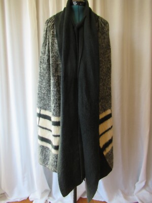 Vintage handmade Green white sweater long cape w collar ties armholes knit O/S