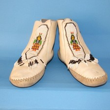 Vintage Taos Buckskin Native American Beaded Maiden Ankle High Moccasins Concho
