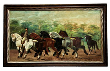 Manner of Henry William Standing - Shire Horses - Antique Folk Art Oil Painting