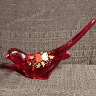 Fenton Red Art Glass Bird Figurine Hand Painted Floral, Signed Glossy Finish