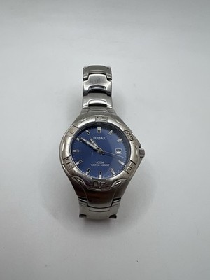 Men's PULSAR Watch VX32-X248 Blue Face Luminous Stainless Steel Band Working