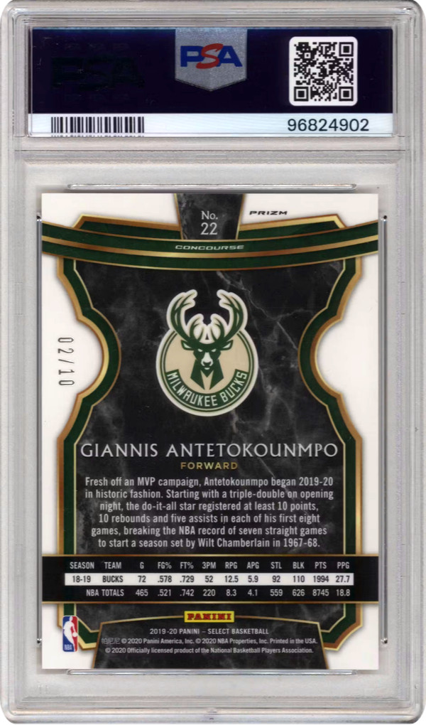 2019-20 PANINI SELECT PRIZM DISCO GOLD GIANNIS ANTETOKOUNMPO 02/10 PSA 10 view 2