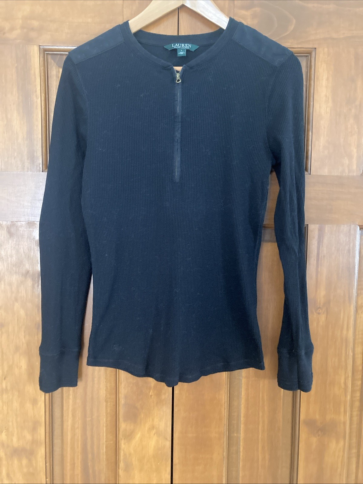 Lauren Ralph Lauren Ribbed Cotton Black Long Sleeve 1/4 Zip Top Women’s Sz Large