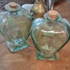 Set of 2 Heart Shaped Glass Decorative Bottles with Cork Lids, Clear  Green