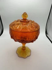 Vintage Fenton Amberina Rose Pattern Covered Candy Compote Footed Dish 1960s