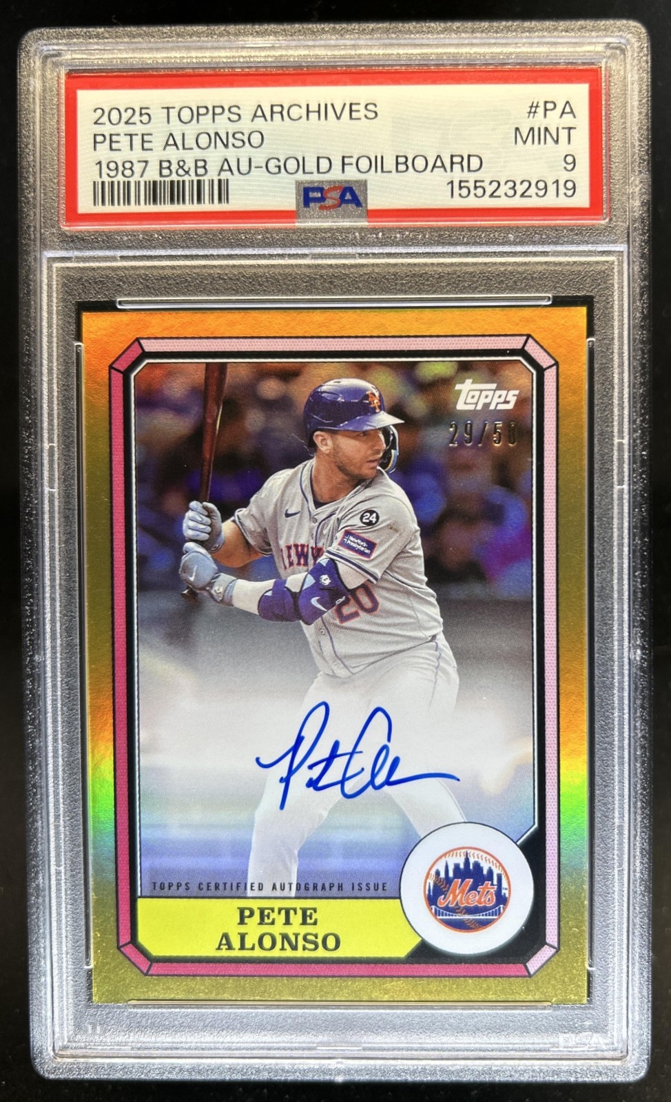 2025 Topps Archives Pete Alonso 1987 Boardwalk Auto Gold #/50 #87BBA-PA PSA 9