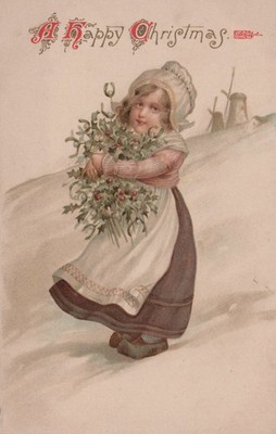 Christmas - E. Nister - Dutch Girl Holding Holly - Windmills - Used/Unposted