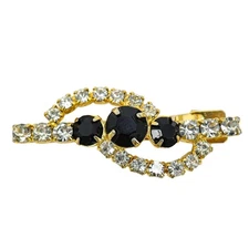 Vintage Lady Ellen Signed Rhinestone Hair Clip Black Clear Crystal Barrette 2 In