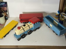 Vintage Wooden Toy Train Set Engine  Cars Folk Art Style Hand Painted