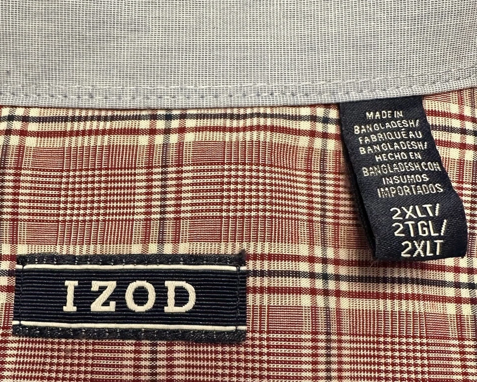 Camisa a Cuadros IZOD Roja Glen Para Hombres 2XLT ALTA Abotonada Manga Larga Grande y Alta Foto 3 de 4