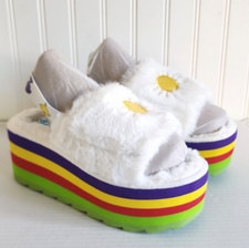 YRU Y2K 90s Teletubbies White Multicolor Platfrom Fuzzy Slides Slingback Size 8M