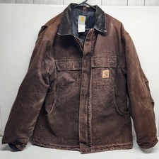 Vtg Carhartt C26 DKB Arctic Quilt Lined Dark Brown Canvas Cord Collar Jacket L