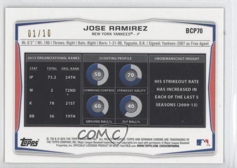 2014 Bowman Chrome Prospects Carbon Fiber Refractor /10 Jose Ramirez #BCP70 - Image 2 of 2