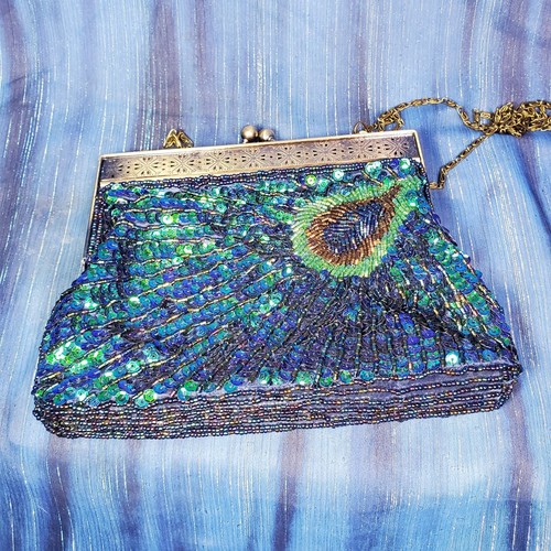 Bolso sin asas de noche azul pavo real con lentejuelas con cuentas Bolso de mano de fiesta ligeramente usado - Imagen 5 de 5