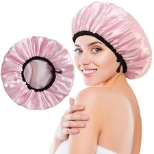 Shower Cap for Women, Large Caps Reusable Waterproof with Set D 