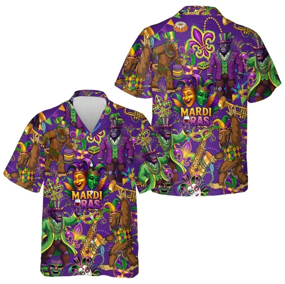 Mardi Gras Bigfoot Hawaiian Shirt for Men Women Youth, Sasquatch Mardi Gras Shir