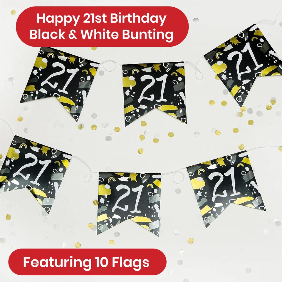 Banderín de fiesta Feliz 21 cumpleaños blanco y negro 4M con 10 banderas Foto 2 de 4