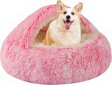 Cat Bed Cave Round Plush Fluffy Hooded Cat Bed Donut Self Warming Pet Dog Bed.