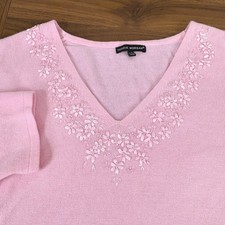 Debbie Morgan Pink V Neck Long Sleeve Sweater Floral Beaded Embellishment Size L