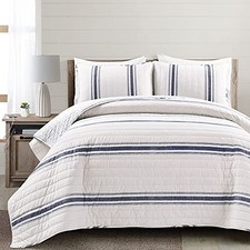 Farmhouse Stripe Reversible Cotton Quilt Size 3 Piece Set - King Navy