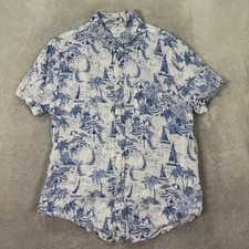 Onia Mens Medium Linen Short Sleeve Button Down Shirt Blue White Beach Print EUC