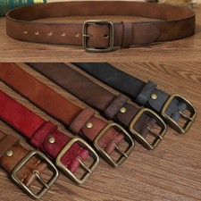 Men Genuine Leather Jean Trouser Belt 38mm Retro Brass Buckle Single Prong