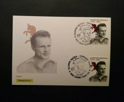 Philatelic postcard 100th Valentino Mazzola double cancellations, Turin and Cassano d'A